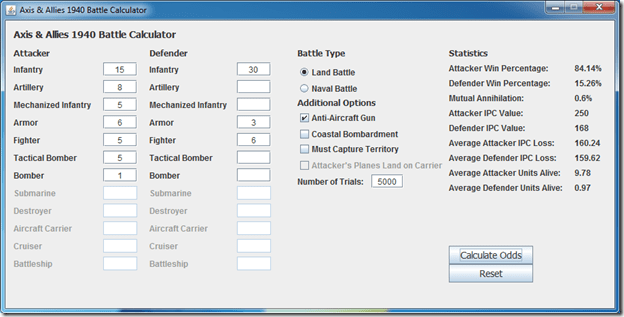Axis and Allies 1940 Battle Calculator/Simulator