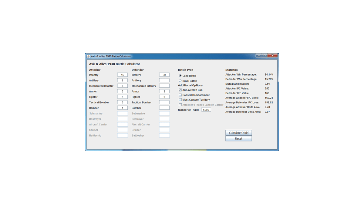 Axis and Allies 1940 Battle Calculator/Simulator Updated to v1.0
